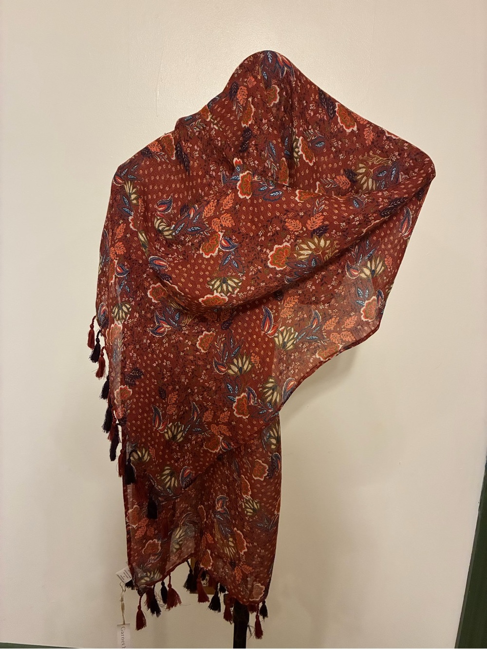 Garnet Hill Deja Gauze Rust Orange Floral Boho Scarf Tassels Linen Blend NWT